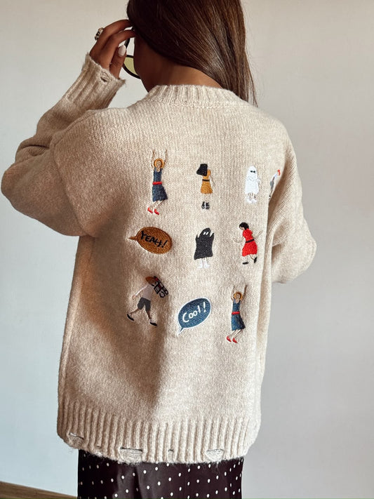 Beige Embroidered Graphic Sweater