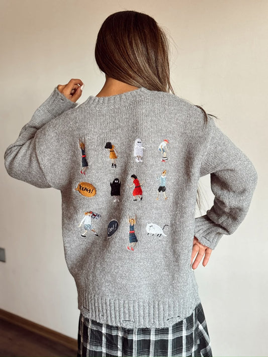 Grey Embroidered Graphic Sweater