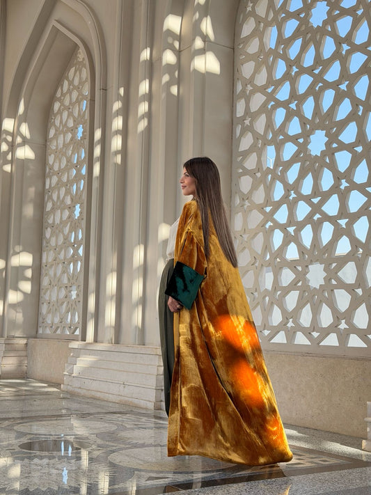 Double face pure silk and velvet kaftan (yellow)