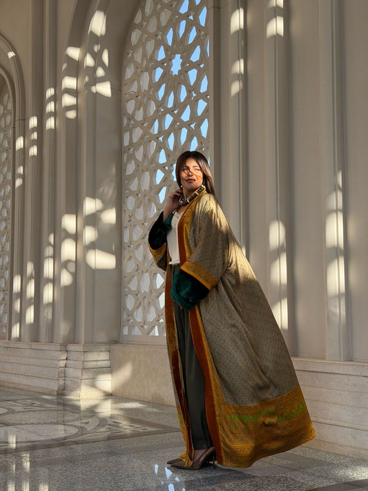 Double face pure silk and velvet kaftan (yellow)