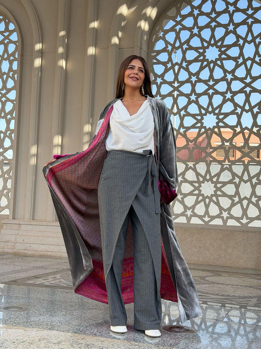 Double face pure silk and velvet kaftan (silver)