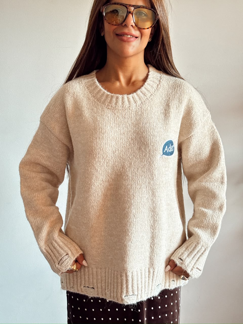 Beige Embroidered Graphic Sweater