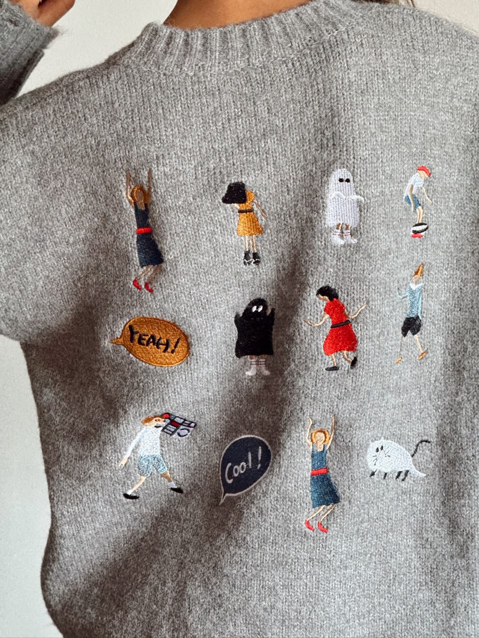 Grey Embroidered Graphic Sweater